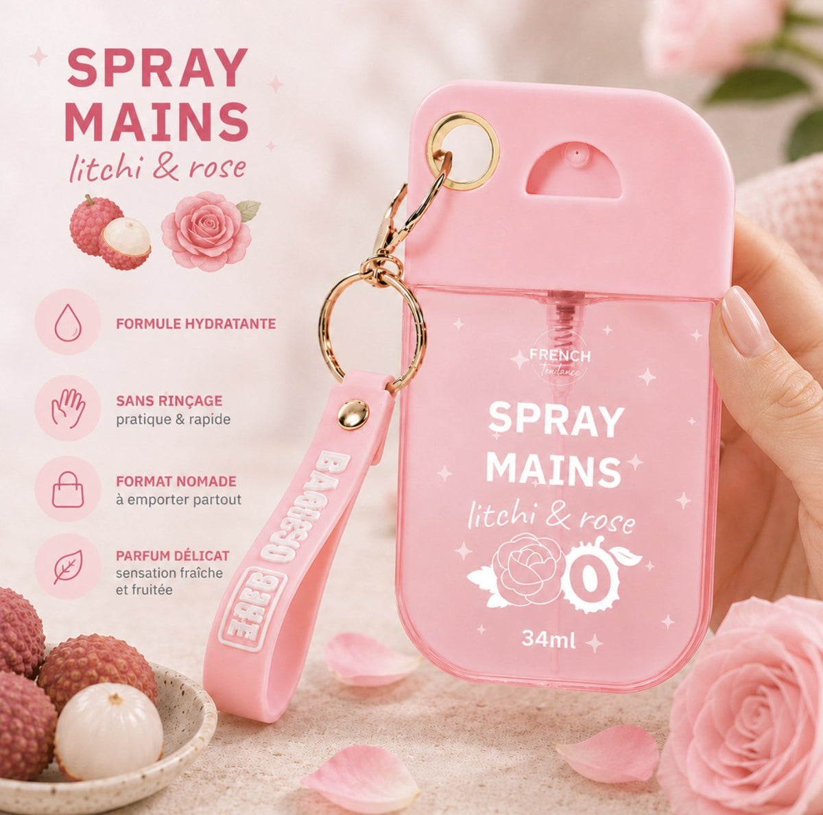 Spray Mains Désinfectant avec Porte Clé 34ML Litchi Rose