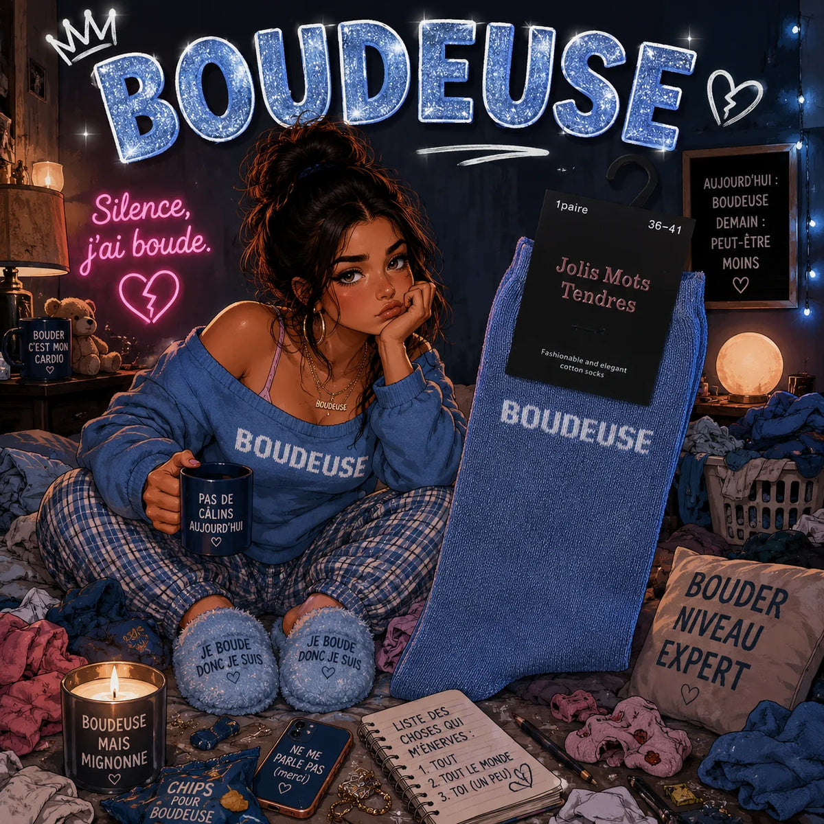 Chaussettes Fun "BOUDEUSE" Bleu